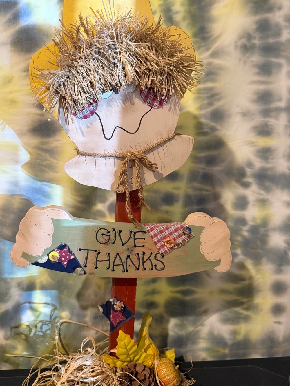 Give Thanks Wooden Scarecrow Sign - Yellow Hat Home Accents